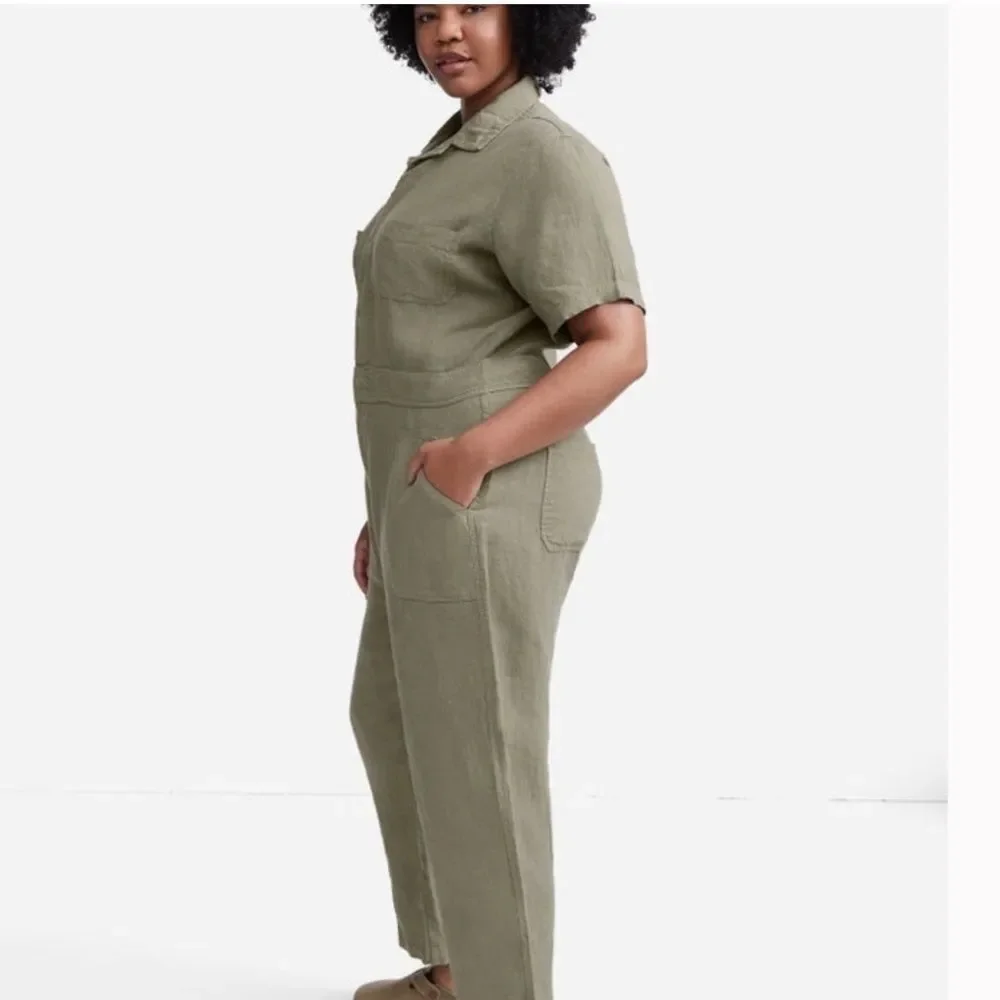 MATE the LABEL Oversized Linen Utility Jumpsuit Short Sleeve Olive Green